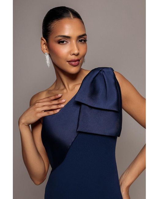 Goddiva Blue One Shoulder Satin Bow Scuba Crepe Maxi Dress