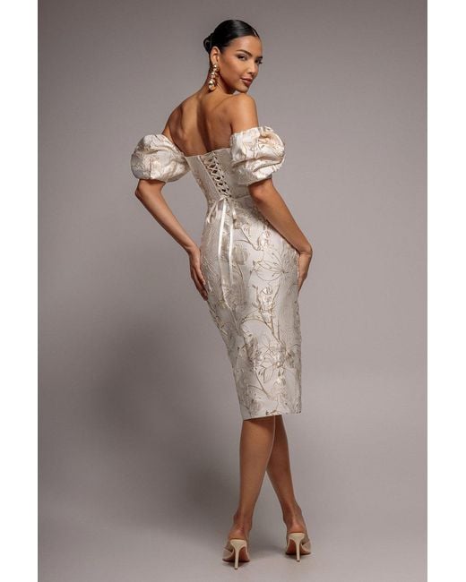 Goddiva Brown Puff Sleeve Sweetheart Midi Dress