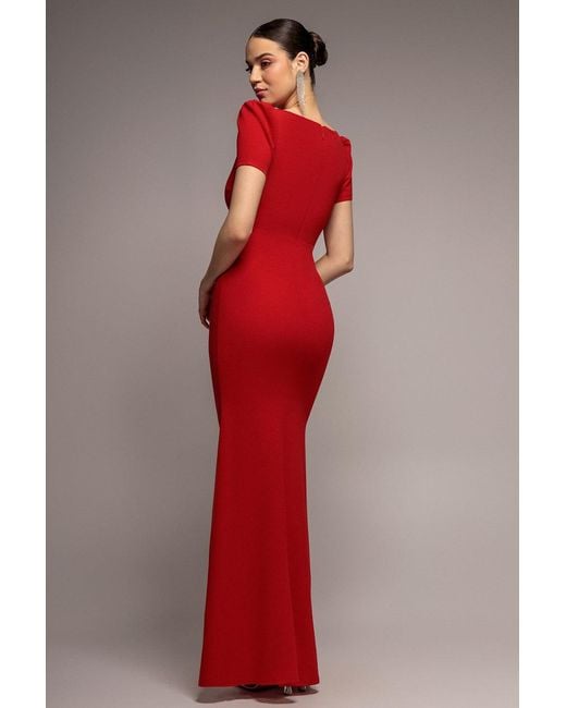 Goddiva Red Diamante Embellished Heart Brooch Scuba Maxi Dress