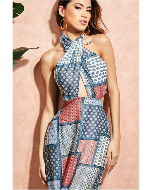 City Goddess Halter Neck Printed Maxi Dress in Blue Lyst