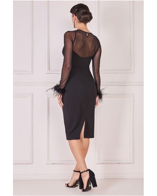 Goddiva Black Racer Neck Scuba Crepe Feather Sleeve Midi