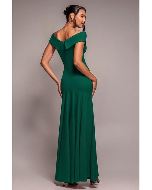 Goddiva Green Scuba Crepe Off Shoulder Front Split Maxi Dress