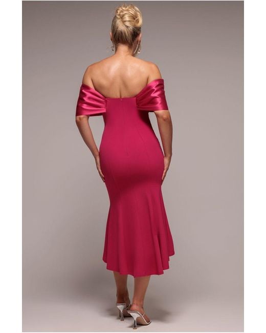 Goddiva Red Twist Knot Satin & Scuba Bardot High Low Midi Dress