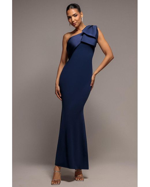 Goddiva Blue One Shoulder Satin Bow Scuba Crepe Maxi Dress