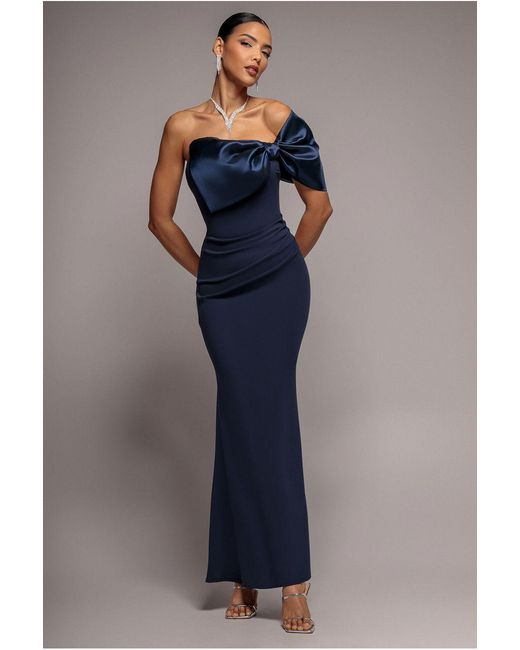Goddiva Blue Off The Shoulder Satin Bow Neck Maxi Dress