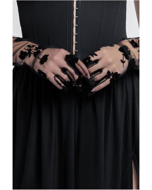 Goddiva Black Embroidered Stretch Mesh Gloves