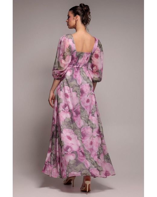 Goddiva Pink Puff Sleeve A-Line Printed Chiffon Maxi Dress With Split