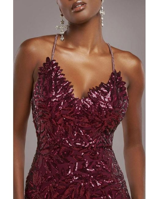 Goddiva Red Cross Back Diamante Strap Sequin Maxi