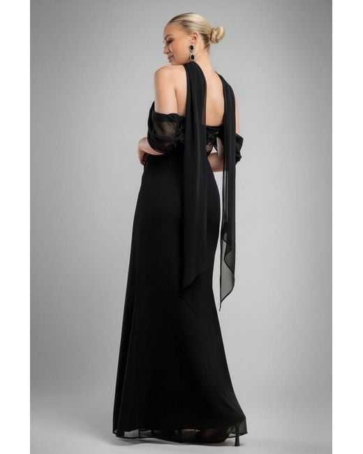 Goddiva Black Scalloped Lace & Chiffon Winged Corset Bodice Maxi Dress