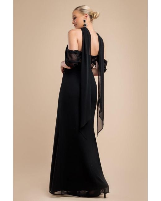 Goddiva Black Scalloped Lace & Chiffon Winged Corset Bodice Maxi Dress