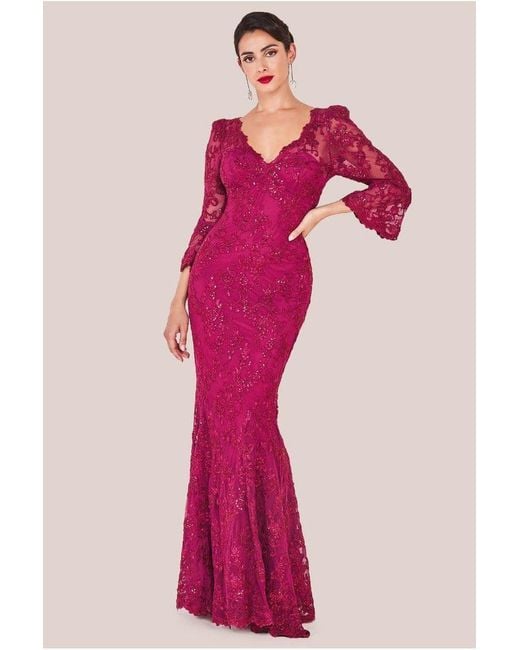 Goddiva Pink Scalloped Lace Maxi Dress