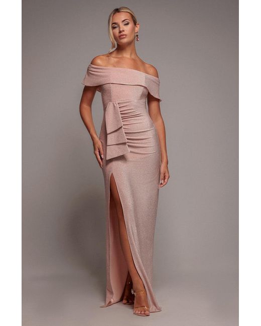 Goddiva Pink Lurex Bardot Maxi With Waterfall Ruffle