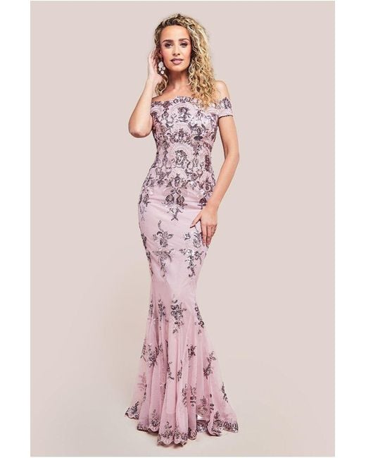 Goddiva Pink Bardot Sequin Embroidered Maxi Dress