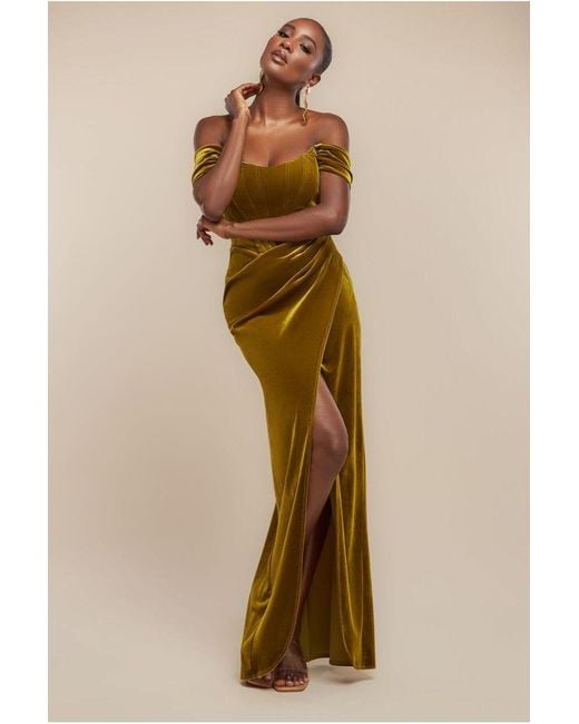 Goddiva Natural Draped Shoulder Velvet Corset Maxi Dress