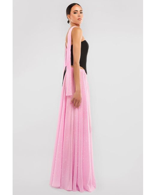 Goddiva Pink Compact Crepe Lace Up Corset With Gathered A-Line Glitter Chiffon Maxi Skirt & Scarf
