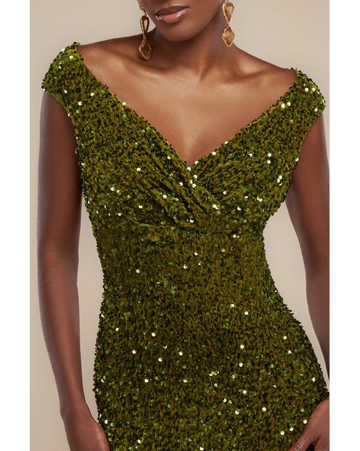 Goddiva Green Multi Sequin & Velvet Bardot Maxi Dress