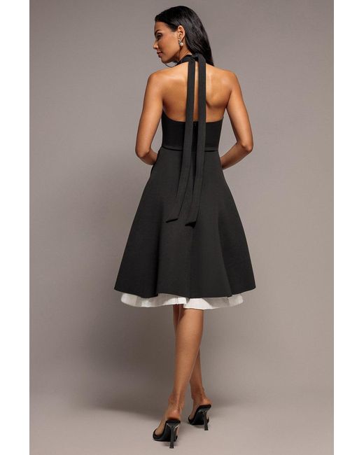 Goddiva Brown Contrast Organza Frill Bow Back Halter Midi Dress
