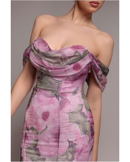 Goddiva Pink Cowl Neck Floral Print Jacquard Chiffon Maxi Dress