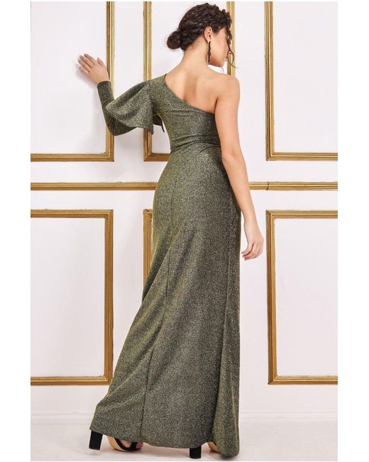 Goddiva Metallic One Sleeve Frill Lurex Maxi Dress
