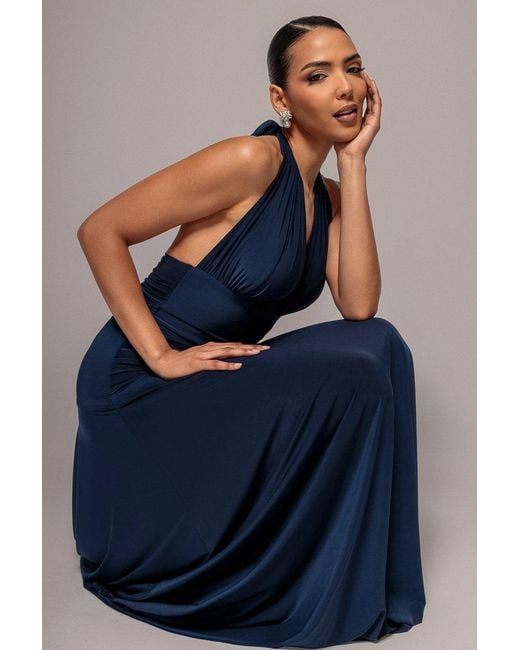 Goddiva Blue Halter Neck Empire Waist Gathered Maxi Dress