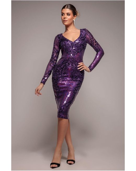 Goddiva Purple Contrast Sequin Long Sleeve Midi Dress