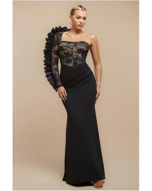 Goddiva One Shoulder Diamante Chiffon Evening Maxi Dress - Black