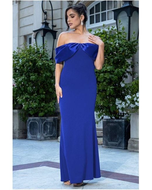 Goddiva Blue Twist Knot Satin & Scuba Bardot Maxi Dress
