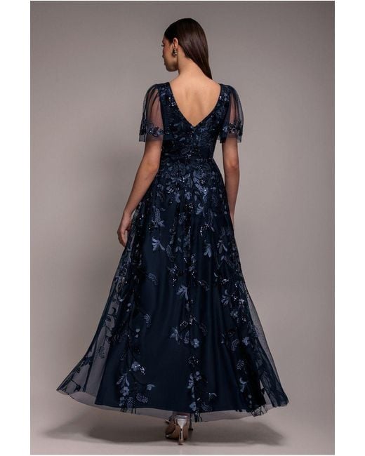 Goddiva Blue Flared Sleeve Embroidered Maxi Dress