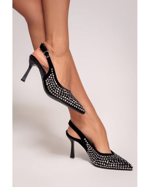Goddiva Black Rhinestone Slingback Heeled Court Shoes