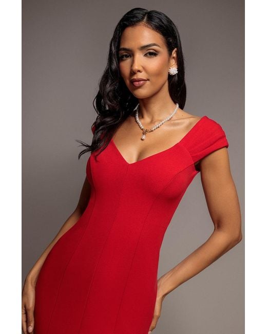 Goddiva Red Capped Sleeve V Neck Pleated Fit & Flare Maxi Dress