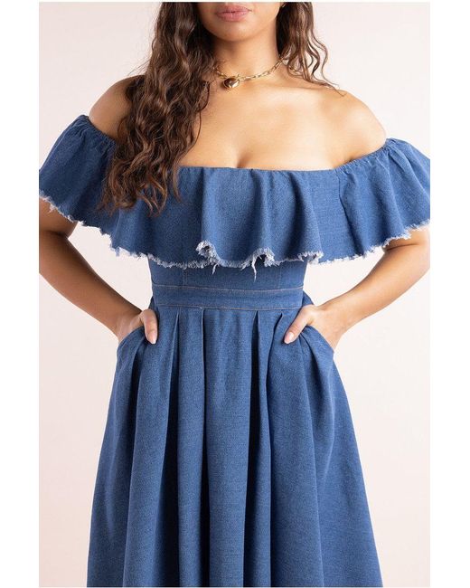 Goddiva Blue Denim Frilled Bardot High Low Dress