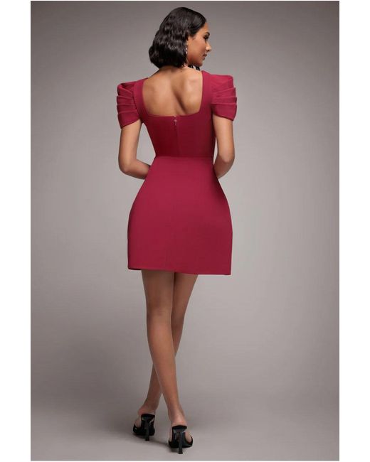Goddiva Red Plunging Neck Pleated Sleeve Scuba Mini Dress