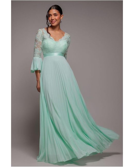 Goddiva Green Scalloped Lace Bodice Pleated Chiffon A Line Maxi Dress