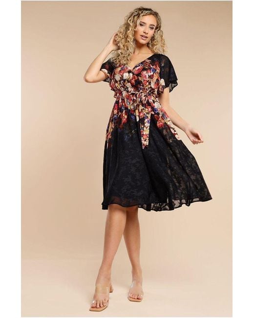 Goddiva Black Floral Flutter Sleeve Wrap Midi Dress