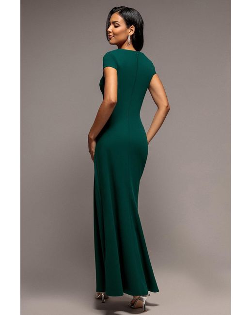 Goddiva Green Cap Sleeve Pleated Asymmetric Maxi Dress