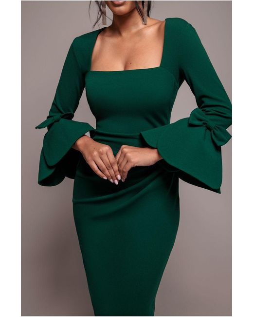 Goddiva Green Petal Bow Sleeve Frill Midi Dress