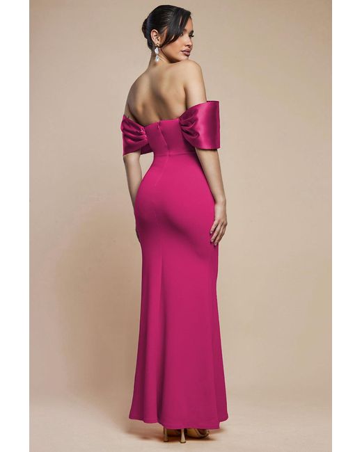 Goddiva Pink Twist Knot Satin & Scuba Bardot Maxi Dress