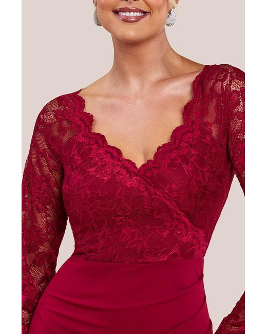 Goddiva Red Scalloped Lace & Scuba Maxi Dress