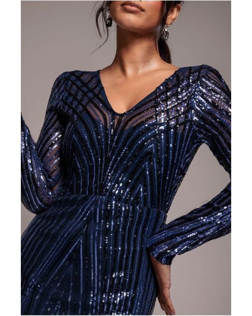 Goddiva Blue Two Toned V Neck Sequin Maxi