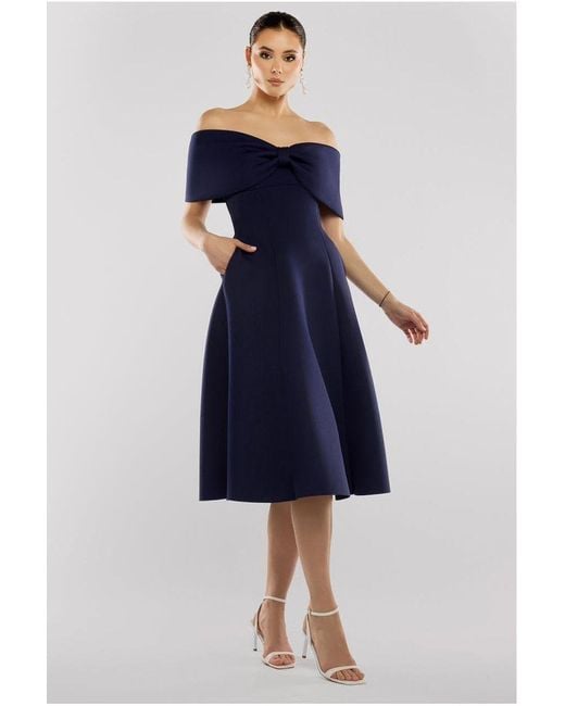 Goddiva Bow Off The Shoulder A Line Midi Dress in Blue | Lyst