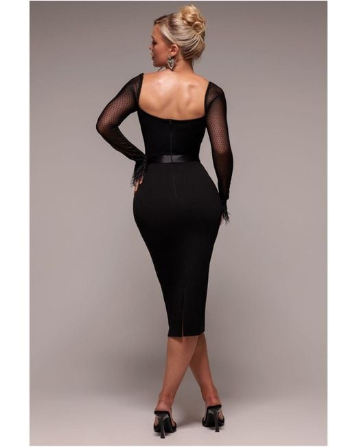 Goddiva Black Dobby Mesh Feather Sleeve Bodycon Midi Dress