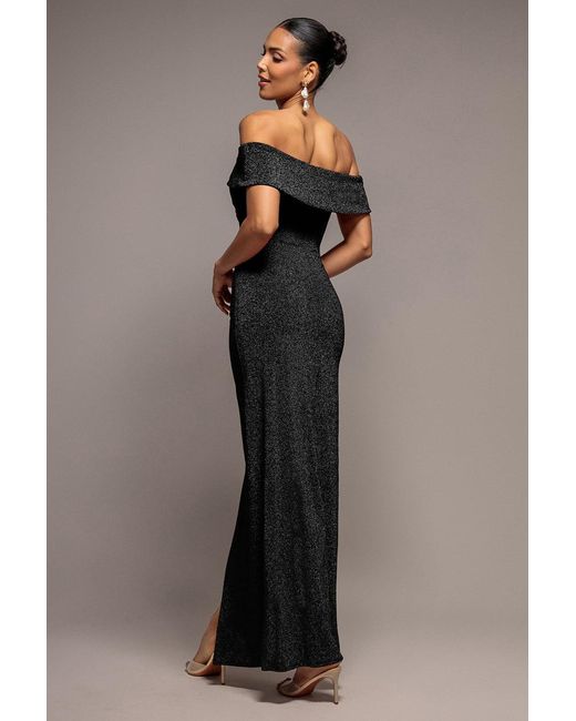 Goddiva Black Sparkle Bardot Maxi With Waterfall Ruffle