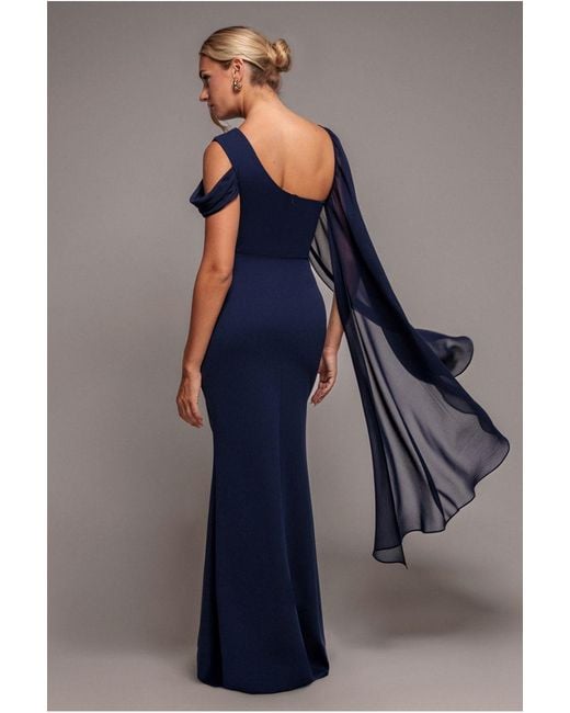 Goddiva Blue One Shoulder Chiffon Cape Crepe Maxi Dress