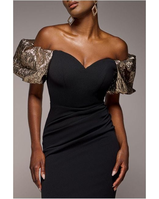 Goddiva Natural Jacquard Puff Sleeve Sweetheart Scuba Maxi Dress