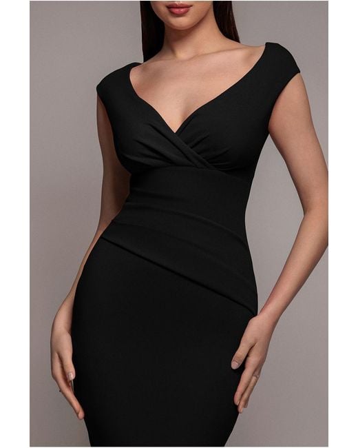 Goddiva Black Bardot Pleated Midi Dress