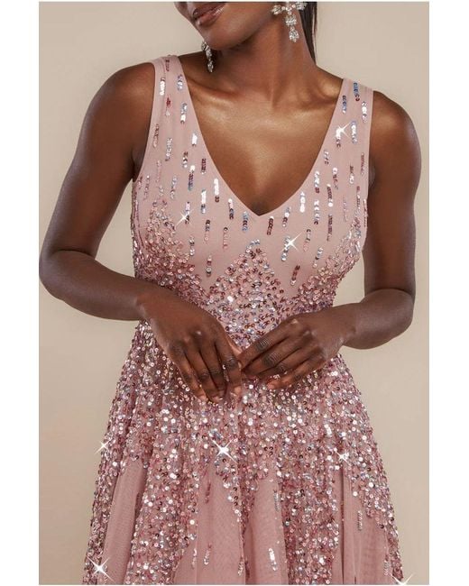 Goddiva Pink Sunray Hand Embellished Sequin A-Line Sleeveless Maxi Dress