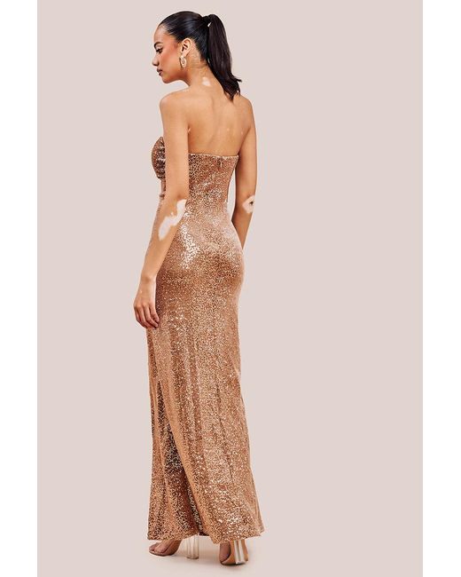 Goddiva Natural Sequin Velvet Bandeau Maxi Dress