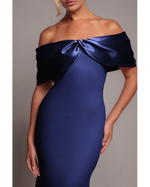 Goddiva Blue Twist Knot Satin & Scuba Bardot Maxi Dress
