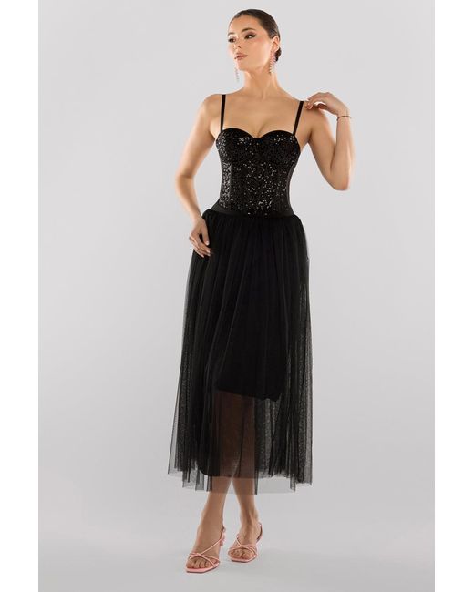 Goddiva Black Sequin Corset Tulle Gathered Midaxi Skirt & Soft Touch Jersey Scarf