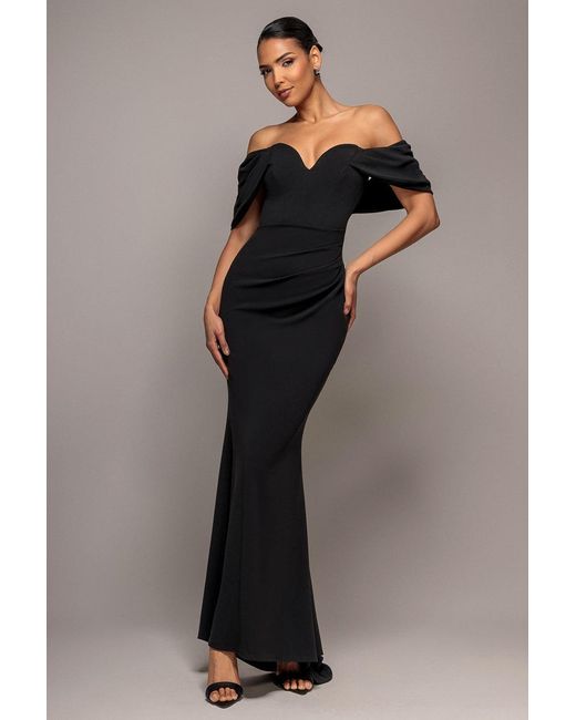 Goddiva Blue Off The Shoulder Draped Sleeve Maxi Dress